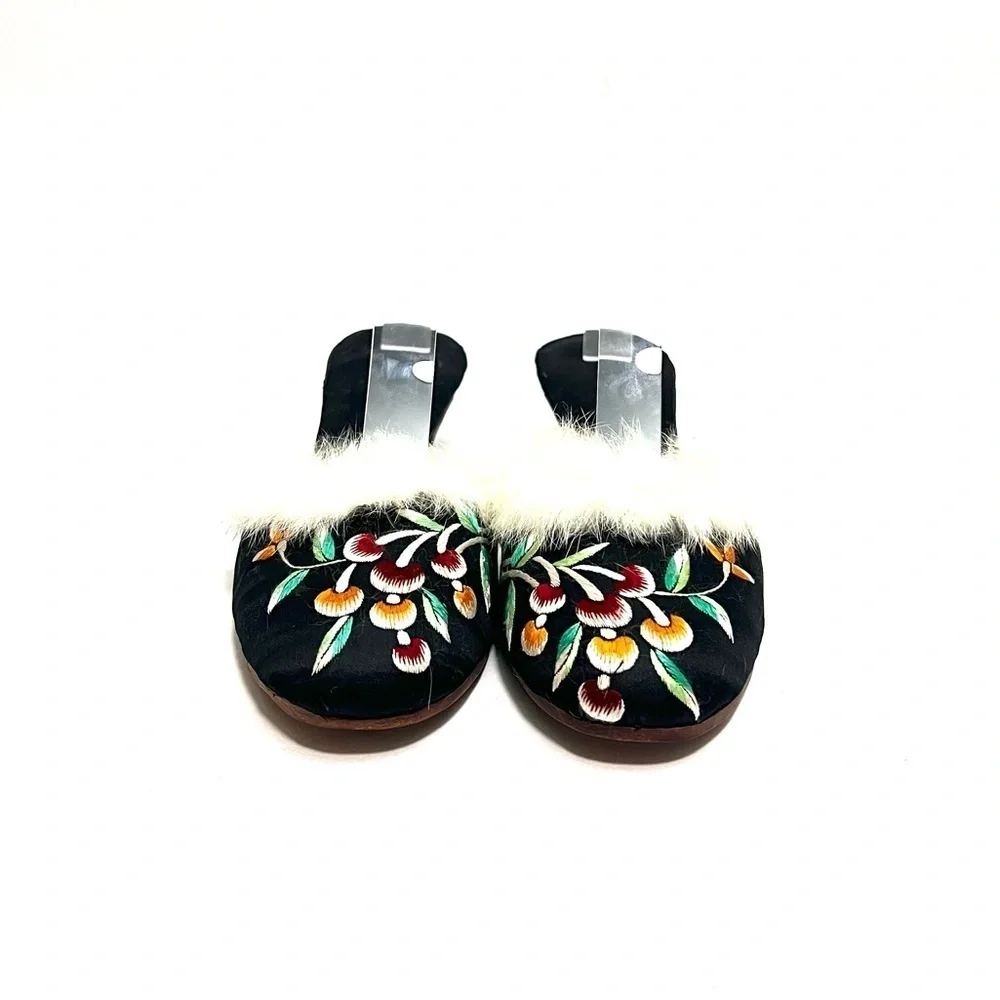 Antique 1920s black silk satin fur trim floral embroidered boudoir slippers